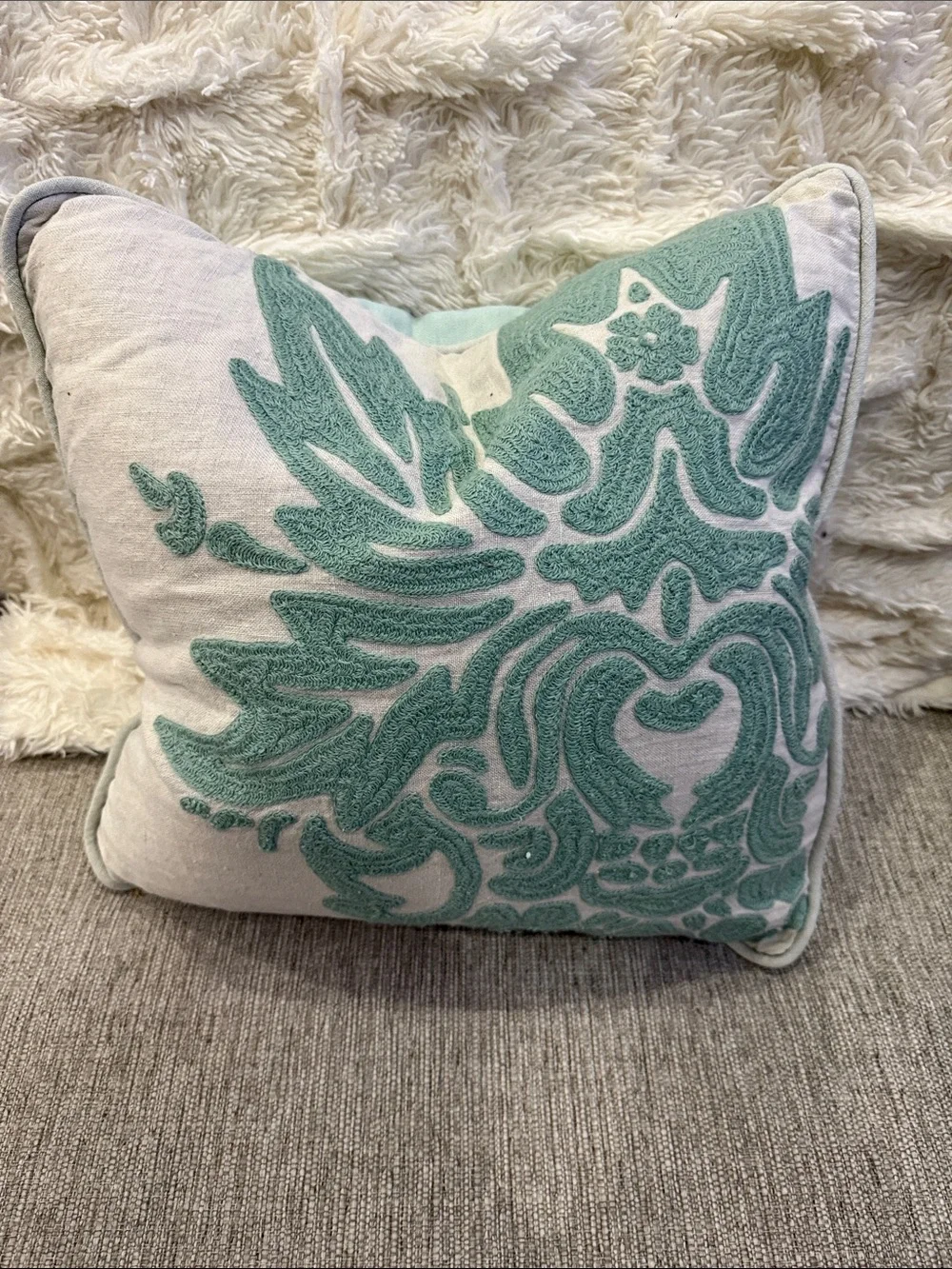 Linen Coastal Embroidered Teal Floral Accent down filled pillow